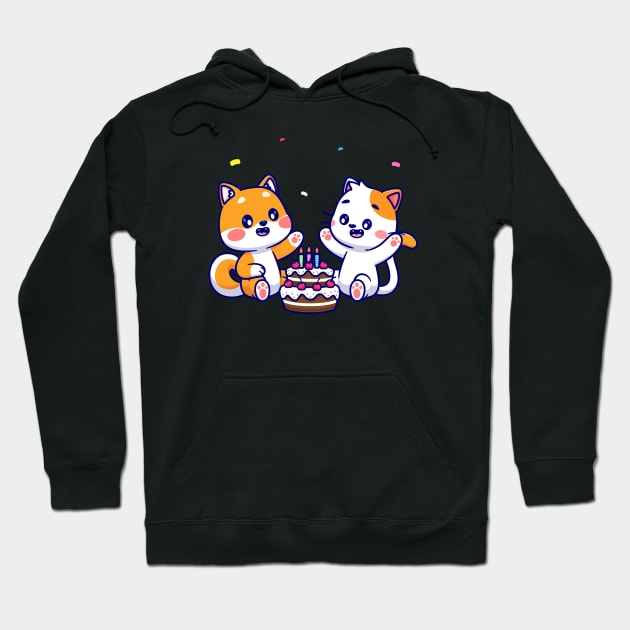 Cute Shiba Inu Dog And Cat With Birthday Cake Cartoon Hoodie by Catalyst Labs